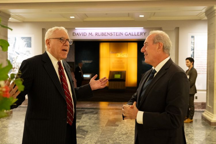 David Rubenstein and Michael Froman outside the David Rubenstein Galleries at the National Archives Museum. Andrea Renda, Francisco de Santibanes, and Tracey Forrest discuss "Geopolitics, Diplomacy, and AI." (Kaveh Sardari) David Rubenstein and Michael Froman outside the David Rubenstein Galleries at the National Archives Museum. Andrea Renda, Francisco de Santibanes, and Tracey Forrest discuss "Geopolitics, Diplomacy, and AI." (Kaveh Sardari)